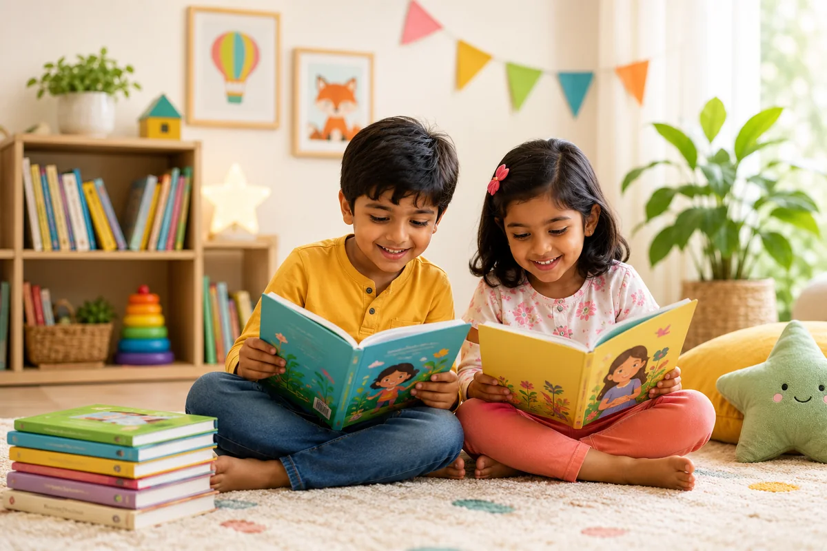 ઘરે KidsBનું પુસ્તક સાથે વાંચતાં બે ખુશ બાળકો